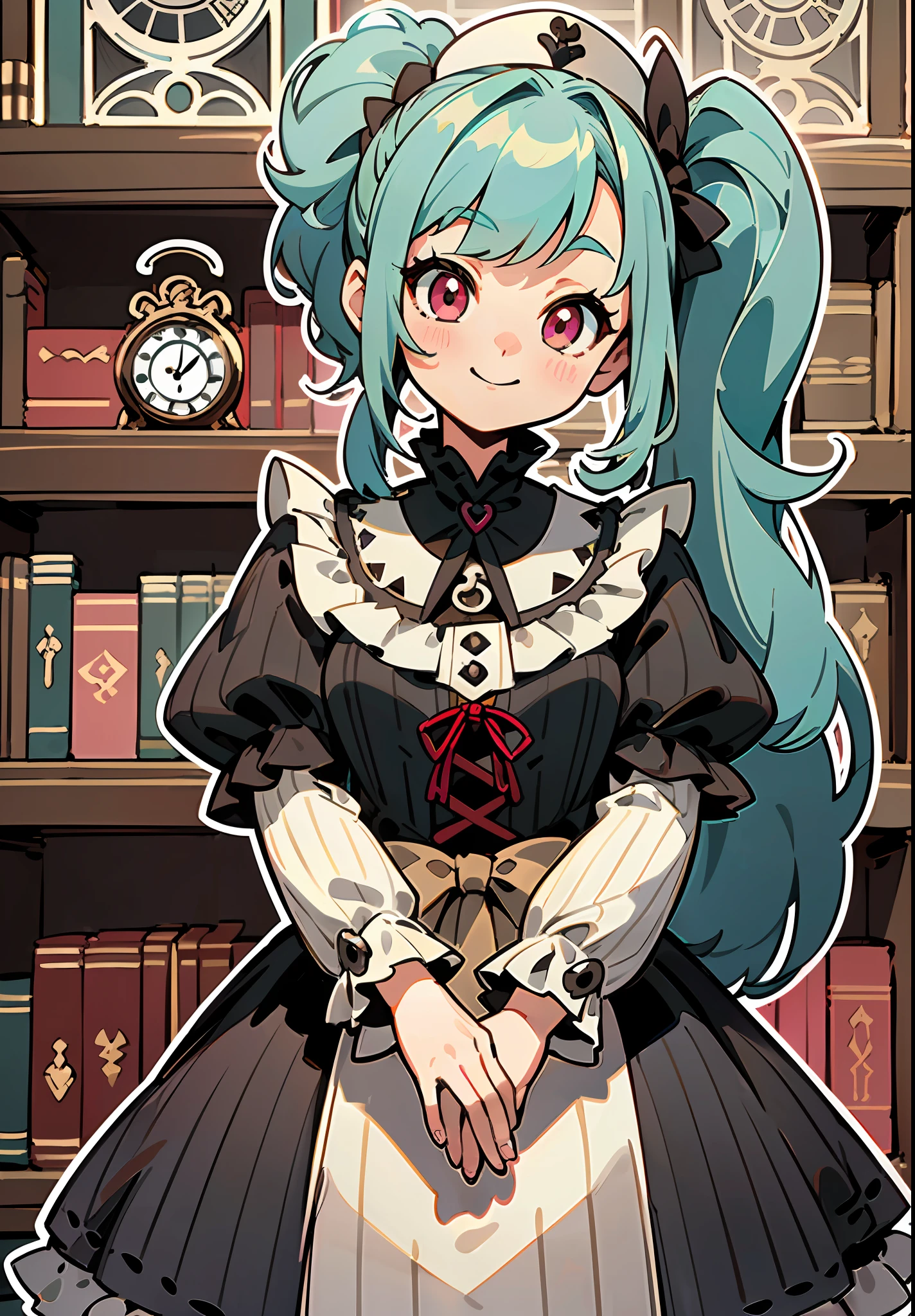 ((Dynamic Angle)), ((loli)), (child), ((solo)), (canny smile), (turquoise hair), (ponytails), (pink eyes), (((moth))), (Gothic dress), (lolita dress), (vintage dress), (Black Dress), (frilld), (beige frill;), (Bows), ((dark red details)), (((Vertical stripes))), ((Clock face in the background)), (library), ((thick outlines)), ((white outlines))