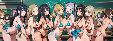(masterpiece), maximum quality, (Colorful:1.1), (9 girls, group shot:1.4), (slim body:1.1), (huge tits:1.5), (dark skin:1.1), (muscles:1.1), blonde  hair, Silver hair, Twin tails, braid, forehead, (leaning forward:1.4), (Open your mouth, happy smile:1.1), ...