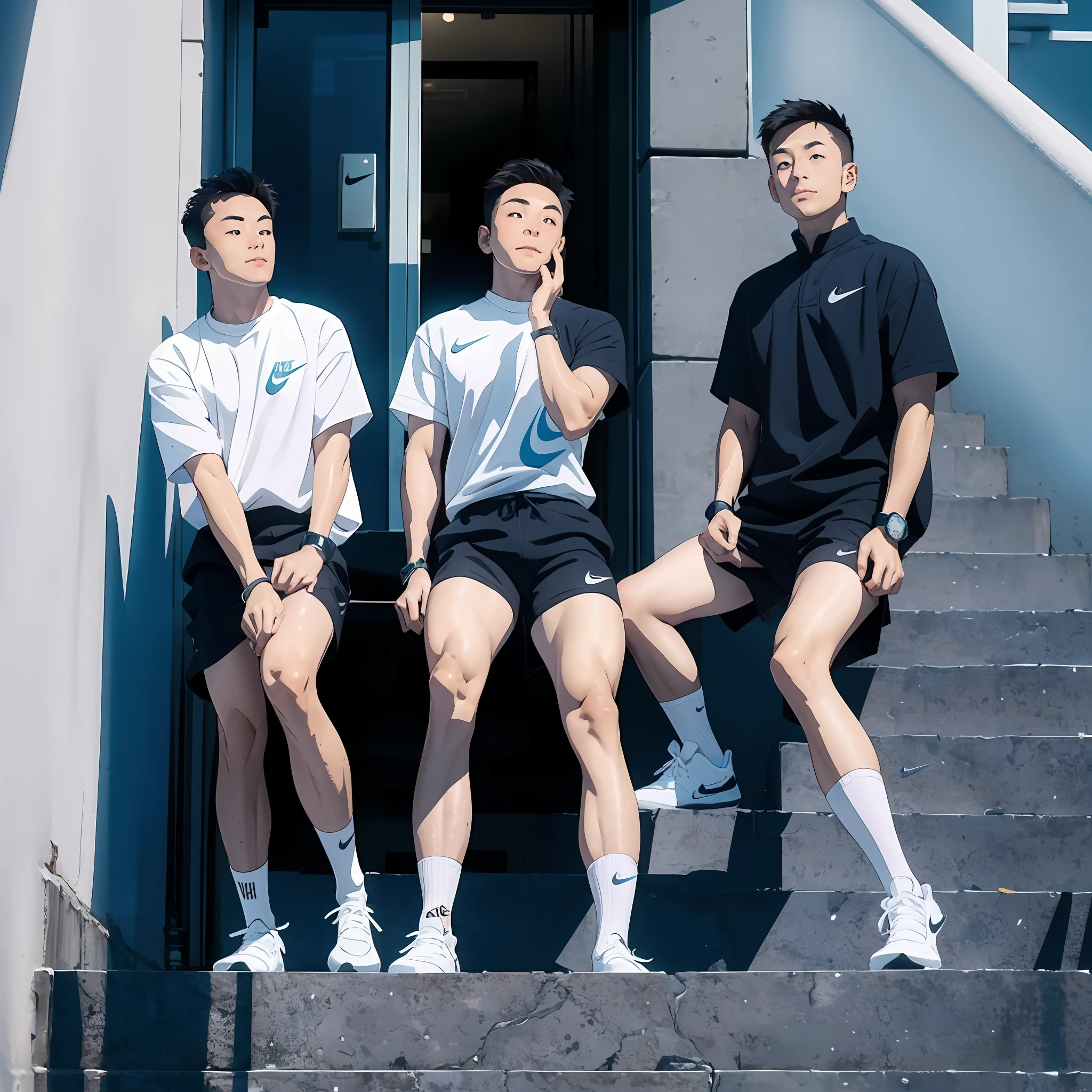 Three men sitting on steps with their legs crossed - SeaArt AI