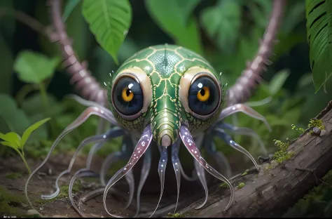Small, Serpentine creature with many legs, Head like a squid, big eyes, slippery body, wrapped around the branches. looks curiously. It's in a dark jungle