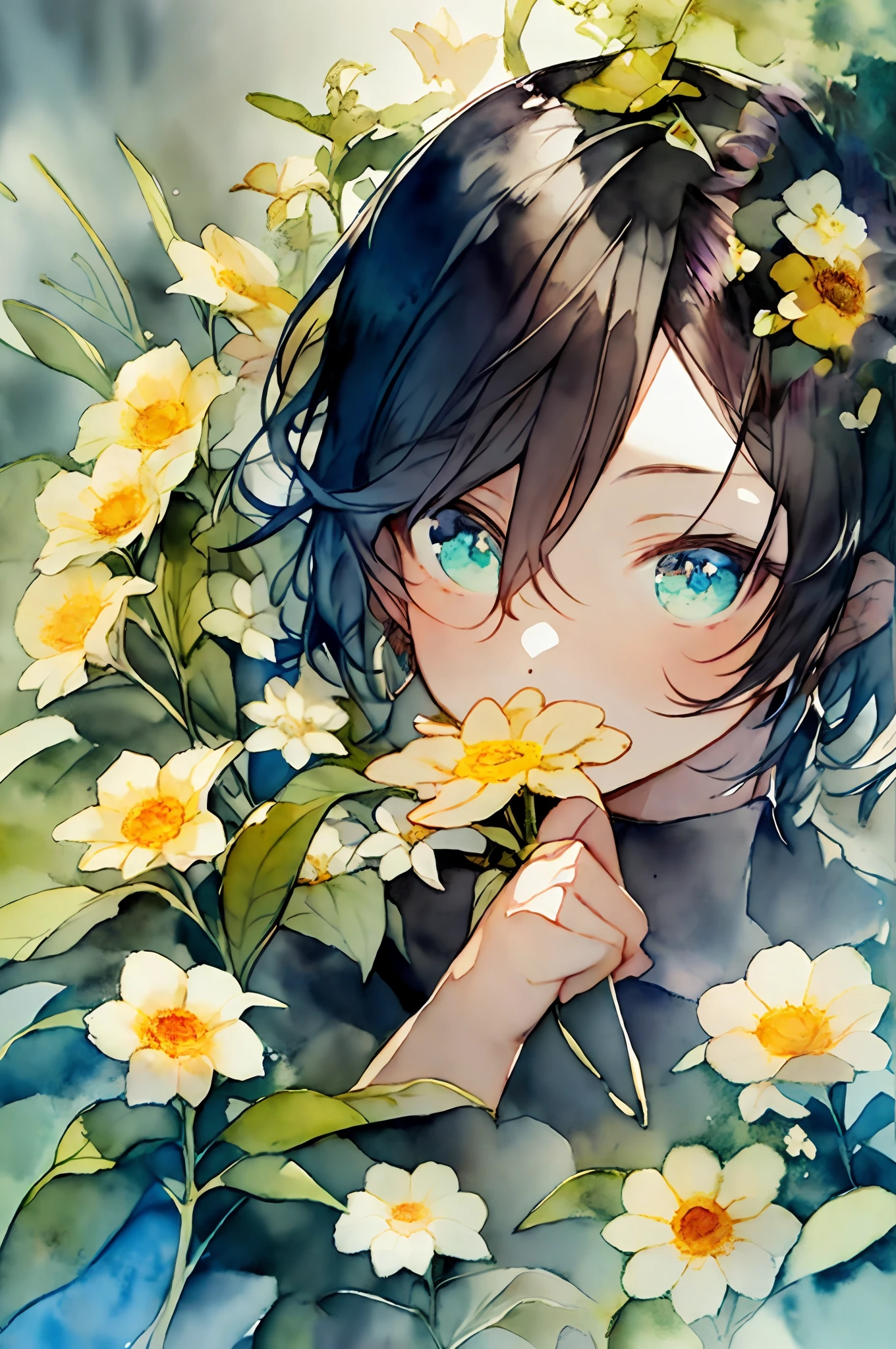 Anime boy with flowers and blue eyes in his hair, By Yuumei, Beautiful sunflower anime boy, a beautiful anime portrait, With flowers, flowers in her dark hair, romanticism lain, flowers on the cheeks of the heir, Beautiful anime dude, Beautiful anime artwork, Beautiful anime art, Anime art wallpaper 4 K, Anime art wallpaper 4k, Digital art on Pixiv