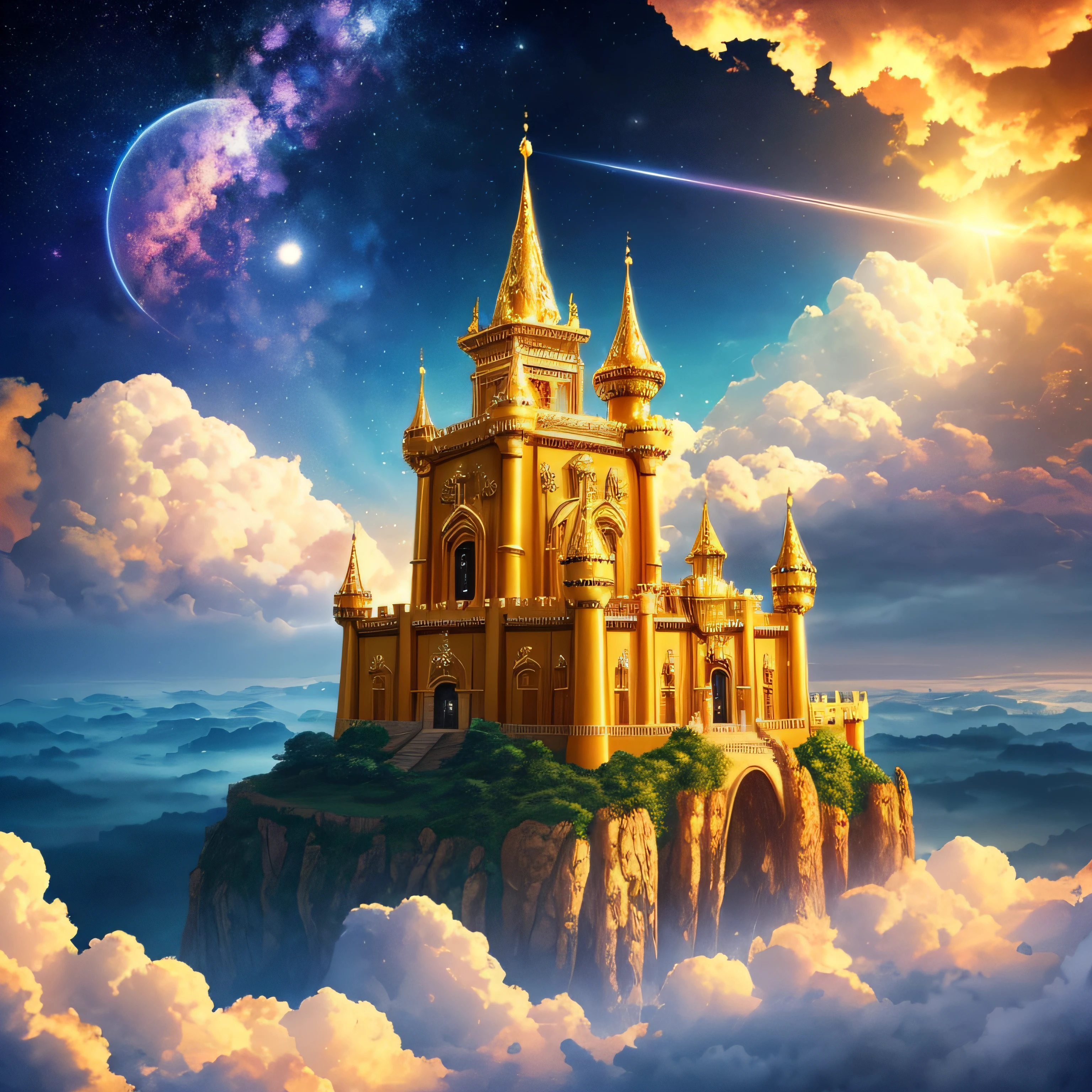 There is an image of a castle in the clouds with a golden carpet, com rios de ouro e cristal, Setting of the celestial Kingdom, Castelo da nuvem voadora, Palace floating in the sky emanating a bright light, heaven background, palace background, fundo estilo celestial com anjos voando, Palace floating in the sky, cloud palace, tall golden heavenly gates, fundo do castelo, Fundo do templo, gold gates of heaven!!!!!!!!, luminous sky heaven background, Angels from heaven in the background.