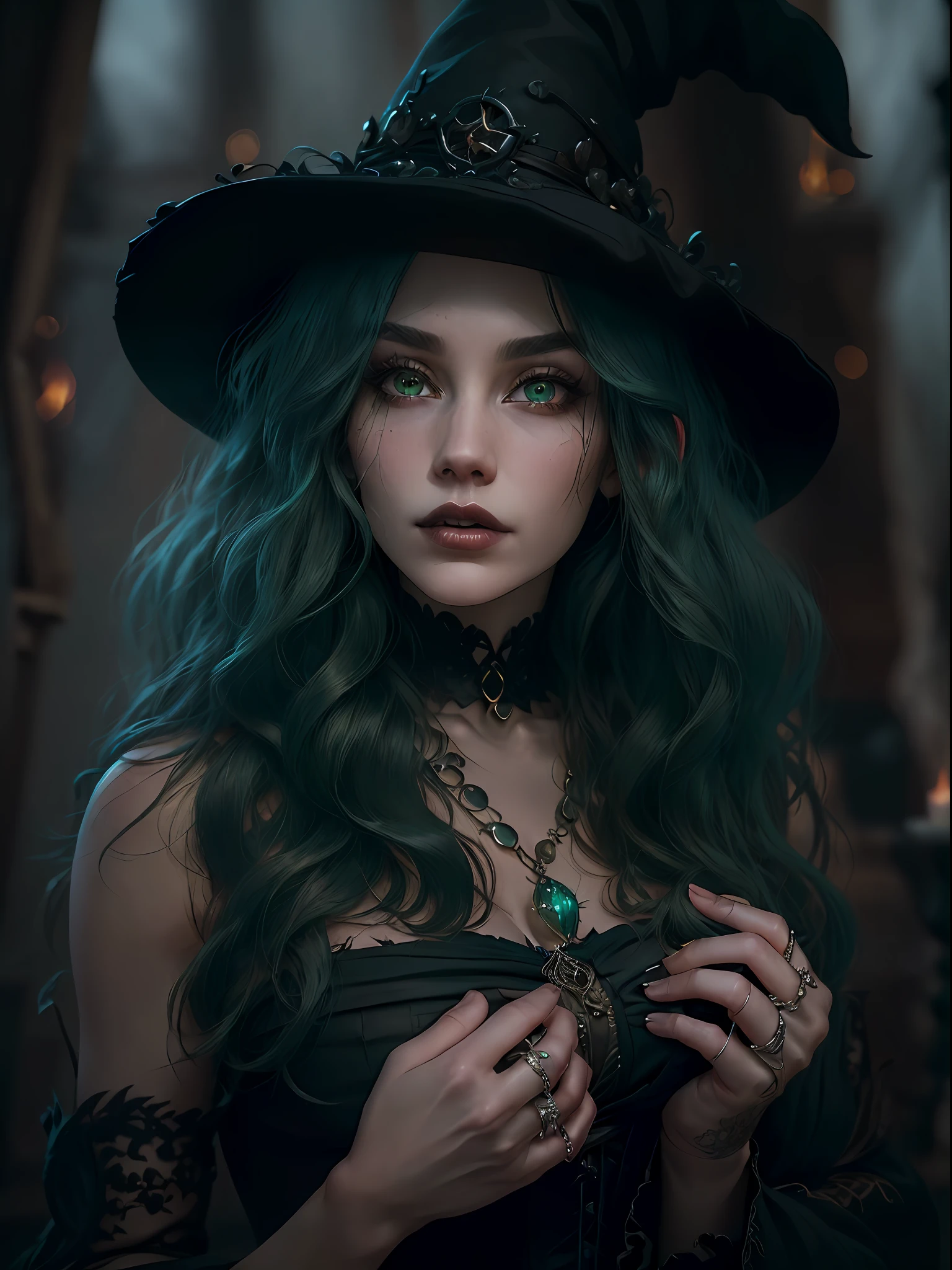 (masterpiece, CGI, enchanting witch character:1.4), a captivating CGI scene featuring a bewitching sorceress with luscious green hair, clad in a seductive gothic black attire, and wearing a stylish witch's hat, (exuding allure and mystique:1.2), (her captivating appearance showcasing a perfect hourglass figure:1.1), (lens used: prime 50mm:1.3), (camera model: Full-frame Sony Alpha a7R IV:1.3), (meticulously crafted lighting setting a mysterious ambiance:1.2), (soft candlelight casting enchanting shadows:1.1), (the wooden cabin interior as the backdrop:1.2), (wooden beams and mystical trinkets decorating the cabin:1.1), (the witch's confident gaze captivating the viewer:1.2), (her flawless skin with a subtle magical glow:1.1), (accentuating her allure and charm:1.2), (her outfit combining seductiveness with gothic elegance:1.1), (a tight corset accentuating her curves:1.2), (inviting viewers into the realm of magic and mystery:1.1), (celebrating her bewitching beauty and feminine power:1.2), (the portrait capturing the essence of dark enchantment:1.1), (a fusion of gothic allure and witchcraft:1.2), (an empowering portrayal of an enchantress embracing her unique beauty:1.1), (a moment of magic and allure crafted with precision:1.2), (a timeless portrait that invites viewers into the world of sorcery:1.1), (an embodiment of witchcraft and feminine allure:1.2), (a captivating scene that bewitches the imagination:1.1), (an enchantress reigning in her mystical domain:1.2), (a photo that conjures up a captivating tale within a wooden cabin's embrace:1.1).