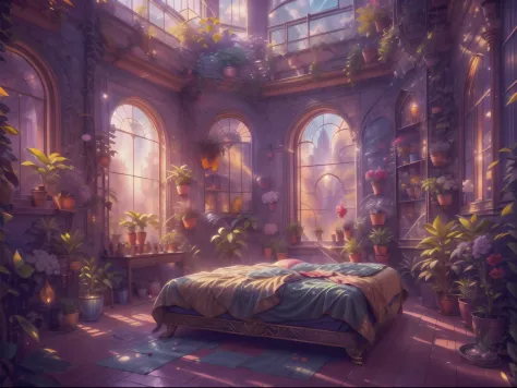 This artwork should feel real - like viewers can walk into the image. (((Generate an ornate botanical bedroom in the style of Ve...