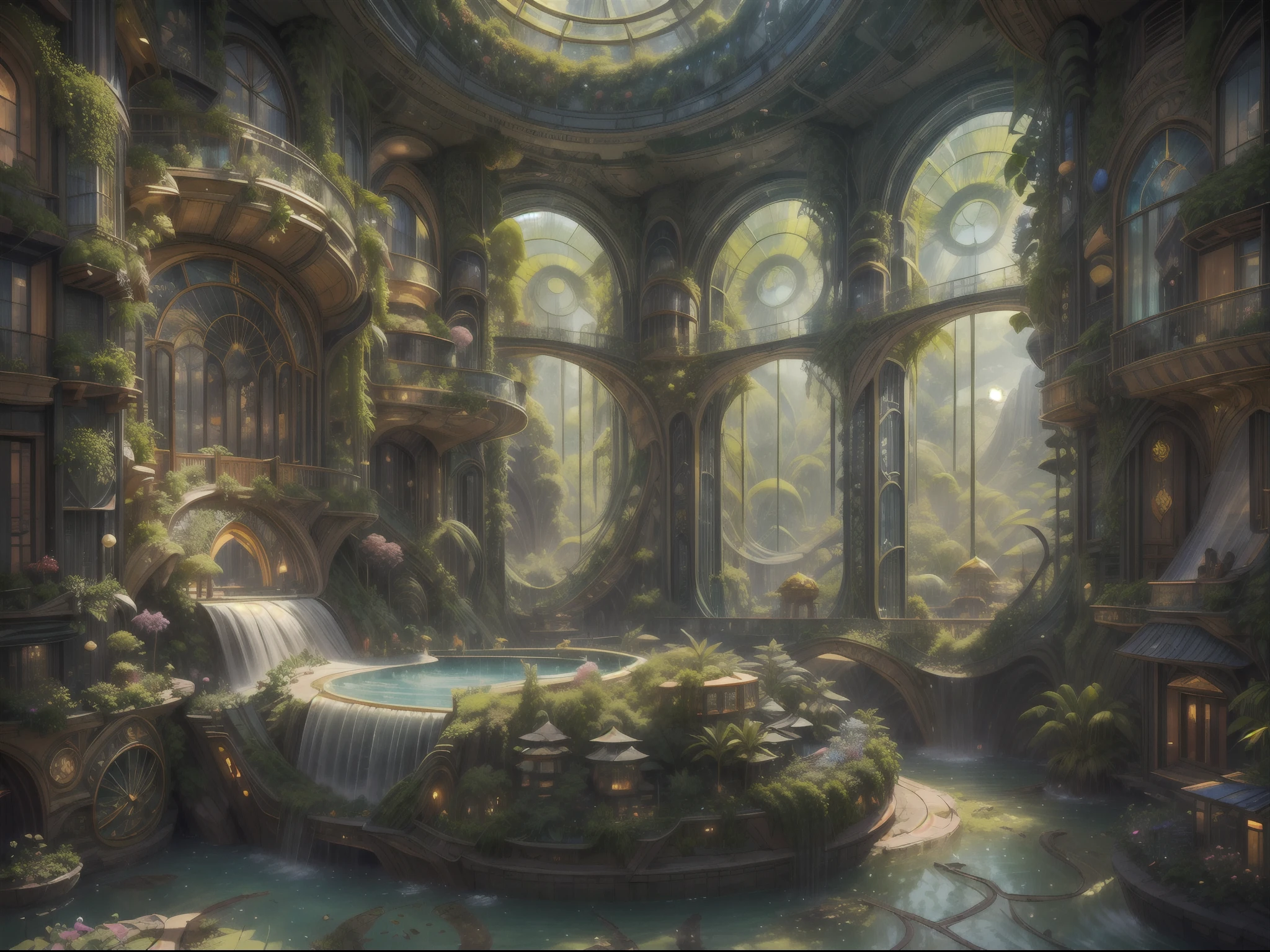 Title: "Solarpunk Dreamscape: The Royal Botanical Sanctuary | This ornate botanical bedroom, inspired by the opulence of Versailles, invites viewers to immerse themselves in a world of wonders. (((Generate an ornate solarpunk and botanical elegant bedroom in the style of Versailles with a grand historical window.))) The grand historical window, adorned with intricate carvings, dominates one wall. Through the colossal window, a bustling solarpunk dreamscape cityscape unfolds. The cityscape is a marvel of breathtaking complexity - a futuristic metropolis that glimmers with countless colors and buildings of various sizes, an awe-inspiring testament to human creativity and architectural prowess. The solarpunk dreamscape cityscape is a symphony of vibrant colors, reminiscent of a utopian paradise. The buildings stretch into the sky, each one featuring imaginative solarpunk details - rooftop gardens adorned with lush greenery, cascading waterfalls powered by sustainable energy, and whimsical elements that spark the imagination. This high-resolution, 3D-rendered cityscape is a masterpiece of digital art, seamlessly blending the worlds of fantasy and sci-fi. In this fantastical dreamscape, beauty is found in the subtlest of details. Delicate tendrils of ivy climb gracefully up the walls, while gentle petals from floating flowers dance through the air. Exquisite tapestries and paintings of mythical creatures adorn the walls, each telling its own enchanting story.