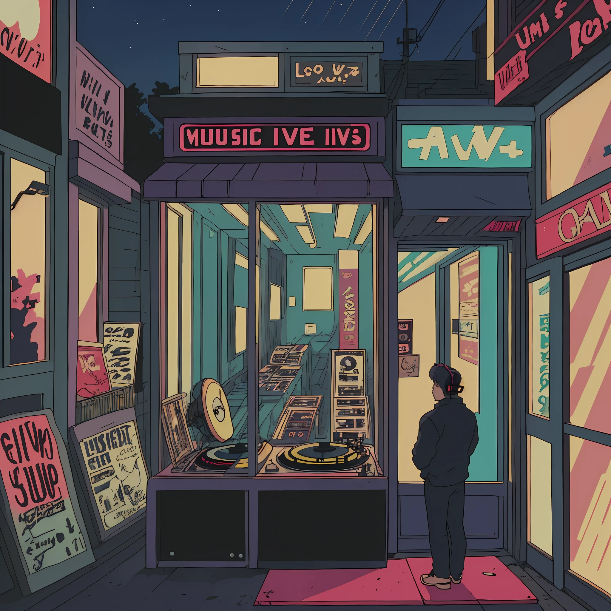 View of a man listening to music with headphone in ไวนิล record shop, ส่งข้อความว่าทำไมถึงเป็นคุณ, WHY YOU โลโก้, รายละเอียดสุดยอด, เรโทรเวฟ, ไซเบอร์พังค์, บรรยากาศเศร้า, กลางคืน light through the window, กลางคืน vibes, 2D, (ยิงยาว), ภาพมุมกว้าง, (เสียงฟิล์ม), การ์ตูนเก่า, (บันทึกมากมาย:1.3), (ผลงานชิ้นเอก, คุณภาพสูงสุด, คุณภาพสูงสุด, ศิลปะอย่างเป็นทางการ, สวยงามและสวยงาม: 1.2), (รายละเอียดมาก, (ศิลปะเศษส่วน: 1.4), กีตาร์, (บันทึกย่อ: 1.4), ( โล-ไฟ ฮิปฮอป), วิวในห้องและริมหน้าต่าง, พื้นผิวอะนิเมะเก่า, ตามลำพัง, ลำโพง, ไวนิล, กลางคืน, โลโก้, รายละเอียดไฟเมือง, วิวเมืองผ่านหน้าต่าง
