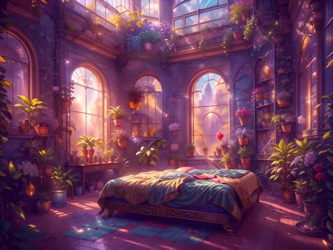 This artwork should feel real - like viewers can walk into the image. (((Generate an ornate botanical bedroom in the style of Ve...