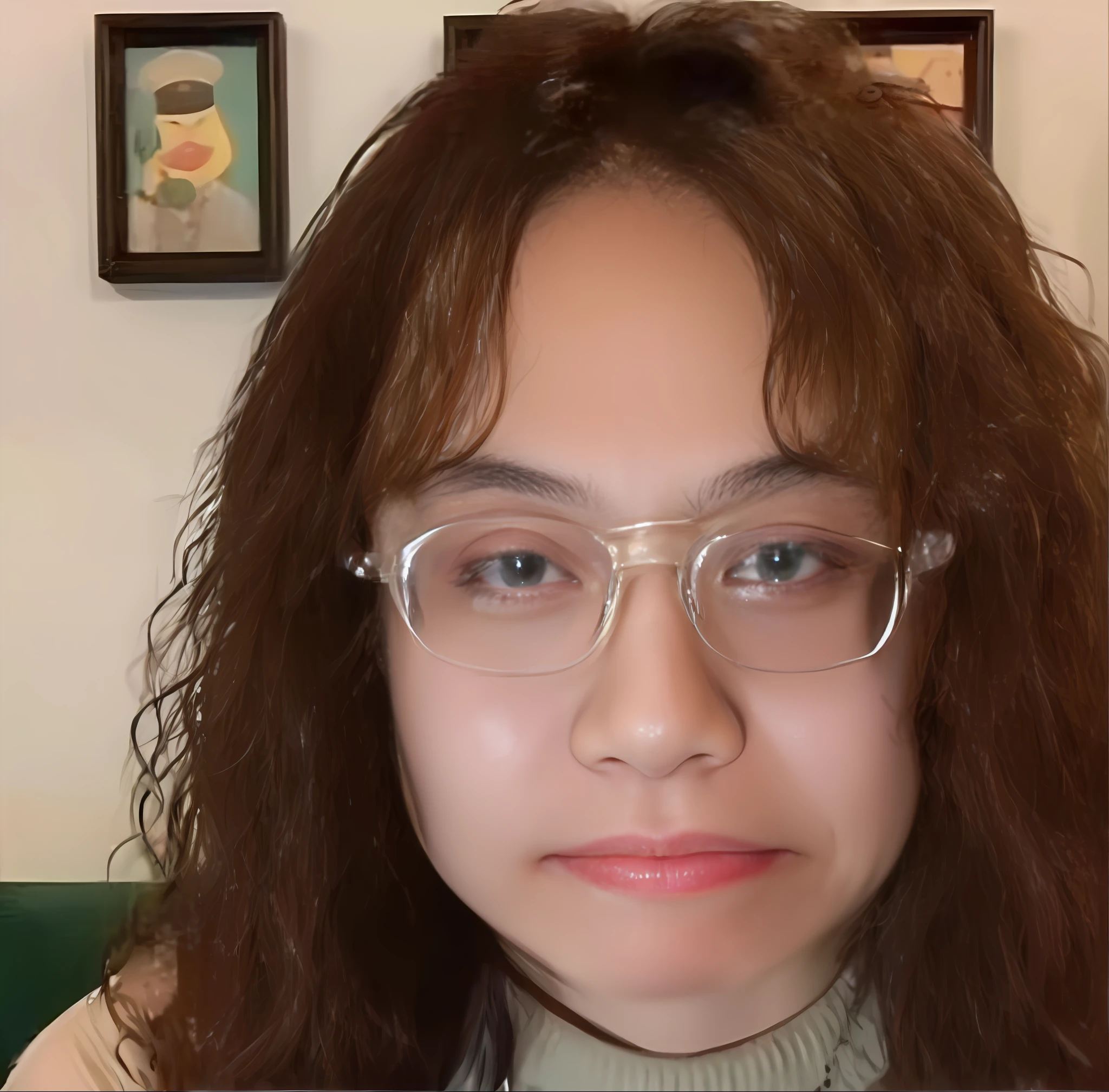 There was a woman with glasses and a turtleneck, Ugly woman, with no facial features, yanjun cheng, ugly look, portrait of a crying ai artist, nomake-up, Wide forehead, Ugly appearance, wearing thin large round glasses, 1 7 - year - old boy thin face, chinese artist, xintong chen, Without glasses