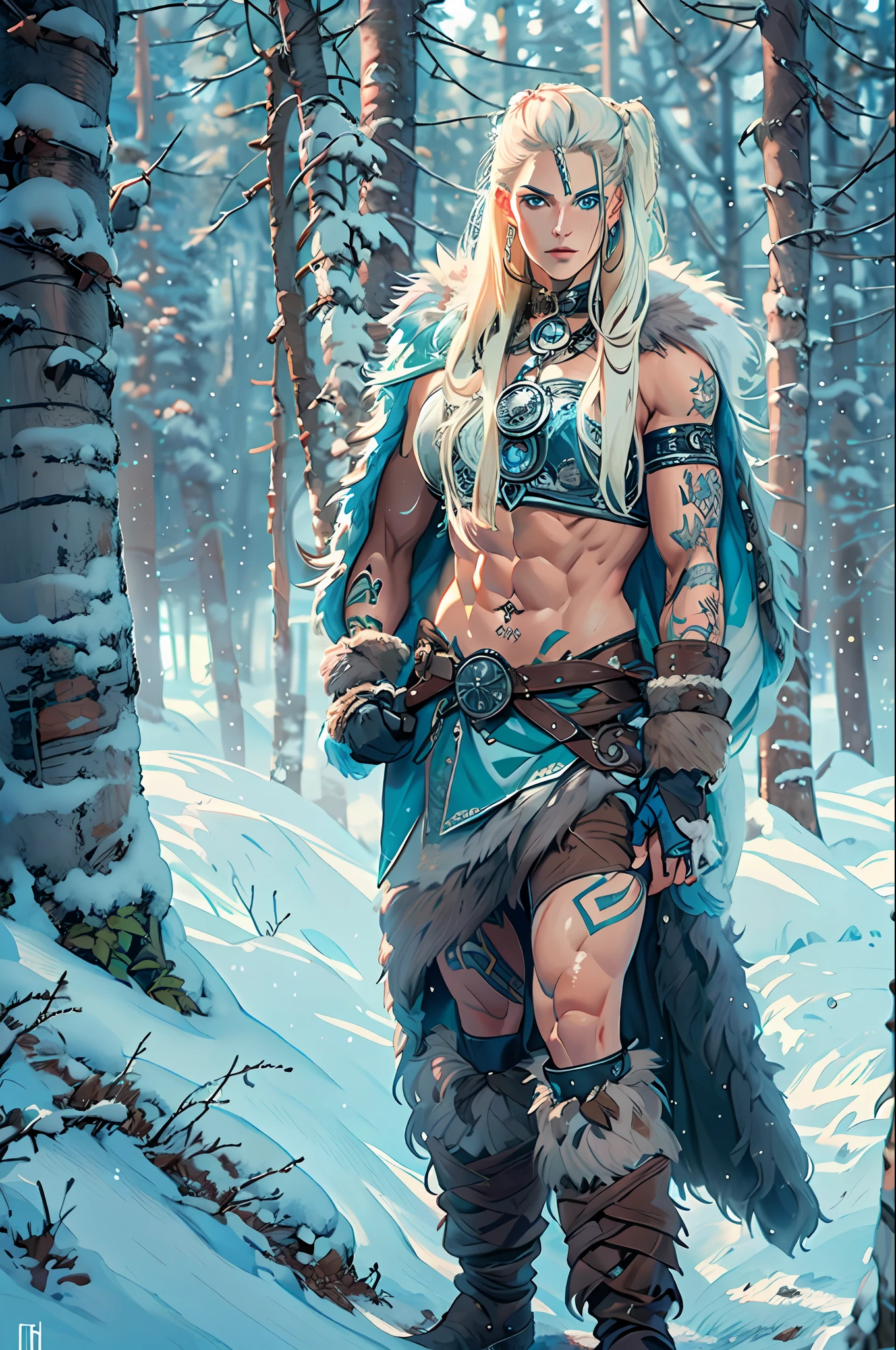 Female viking, muscular, wearing furs and hides, blue norse tattoos, blue eyes, platinum blonde hair. Setting is a Scandinavian forest in winter, bare arms, exposed naval, abs. Ultra quality image with realistic details. HDR