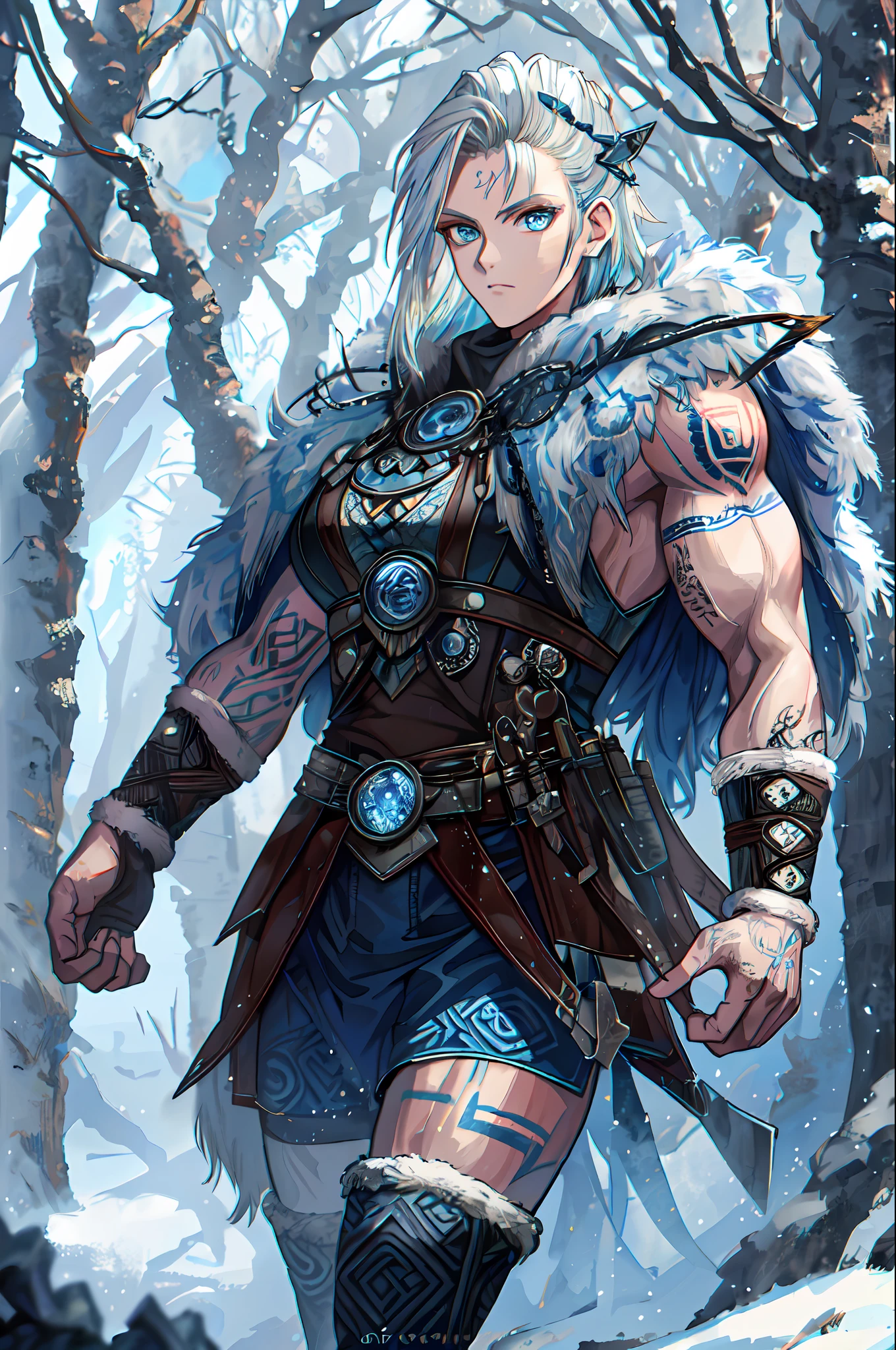 Female viking, muscular, wearing furs and hides, blue norse tattoos, blue eyes, platinum blonde hair. Setting is a Scandinavian forest in winter, bare arms, exposed naval, abs. Ultra quality image with extreme detail. HDR