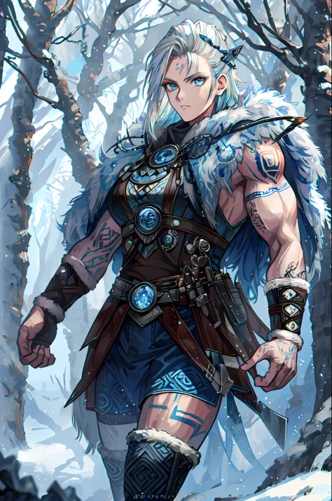 Female viking, muscular, wearing furs and hides, blue norse tattoos, blue eyes, platinum blonde hair. Setting is a Scandinavian ...