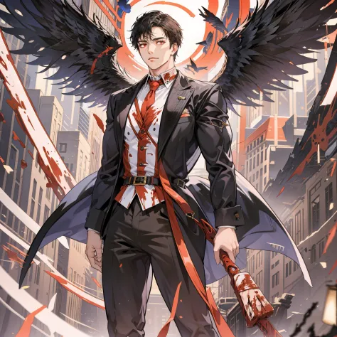 "Short black hair, blood-red eyes, pure black wings, clean-shaven. Tall, commanding male figure resembling a CEO. Sophisticated ...