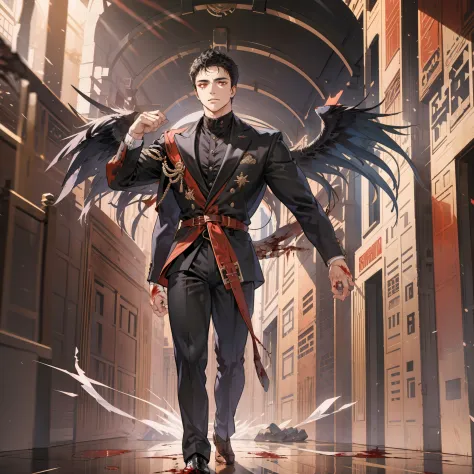 "Short black hair, blood-red eyes, pure black wings, clean-shaven. Tall, commanding male figure resembling a CEO. Sophisticated ...