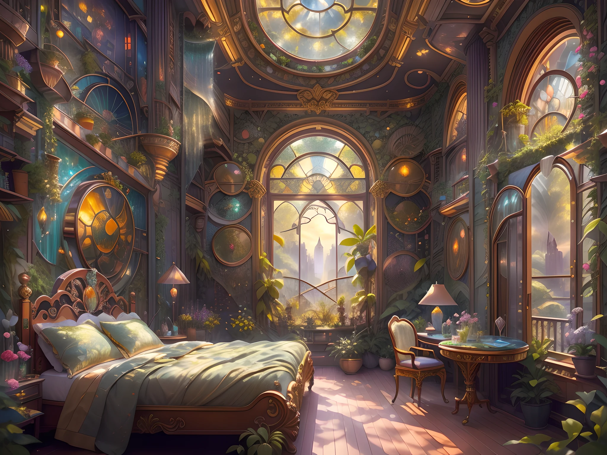 Title: "Solarpunk Dreamscape: The Royal Botanical Sanctuary" | This ornate botanical bedroom, inspired by the opulence of Versailles, invites viewers to immerse themselves in a world of wonders. (((Generate an ornate solarpunk and botanical elegant bedroom in the style of Versailles with a grand historical window.))) The grand historical window, adorned with intricate carvings, dominates one wall. Through the colossal window, a bustling solarpunk dreamscape cityscape unfolds. The cityscape is a marvel of breathtaking complexity - a futuristic metropolis that glimmers with countless colors and buildings of various sizes, an awe-inspiring testament to human creativity and architectural prowess. The solarpunk dreamscape cityscape is a symphony of vibrant colors, reminiscent of a utopian paradise. The buildings stretch into the sky, each one featuring imaginative solarpunk details - rooftop gardens adorned with lush greenery, cascading waterfalls powered by sustainable energy, and whimsical elements that spark the imagination. This high-resolution, 3D-rendered cityscape is a masterpiece of digital art, seamlessly blending the worlds of fantasy and sci-fi. In this fantastical dreamscape, beauty is found in the subtlest of details. Delicate tendrils of ivy climb gracefully up the walls, while gentle petals from floating flowers dance through the air. Exquisite tapestries and paintings of mythical creatures adorn the walls, each telling its own enchanting story.