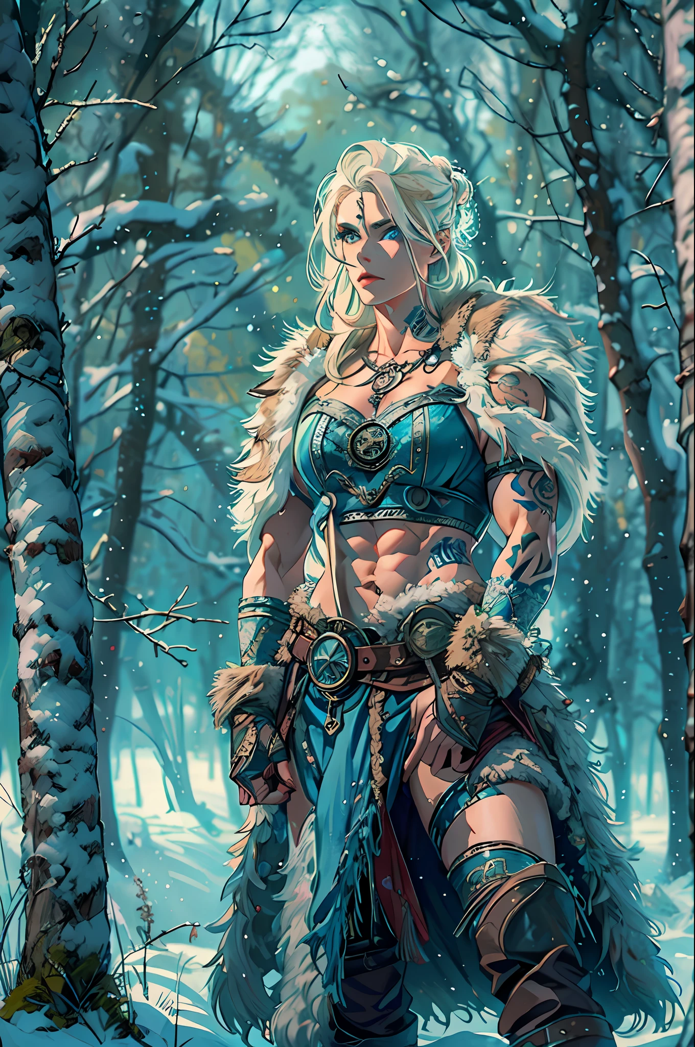 Female viking, muscular, wearing furs and hides, blue norse tattoos, blue eyes, platinum blonde hair. Setting is a Scandinavian forest in winter, bare arms, exposed naval, abs. Ultra quality image with extreme detail. HDR