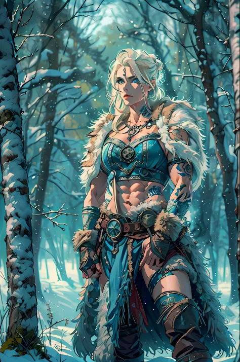 Female viking, muscular, wearing furs and hides, blue norse tattoos, blue eyes, platinum blonde hair. Setting is a Scandinavian ...