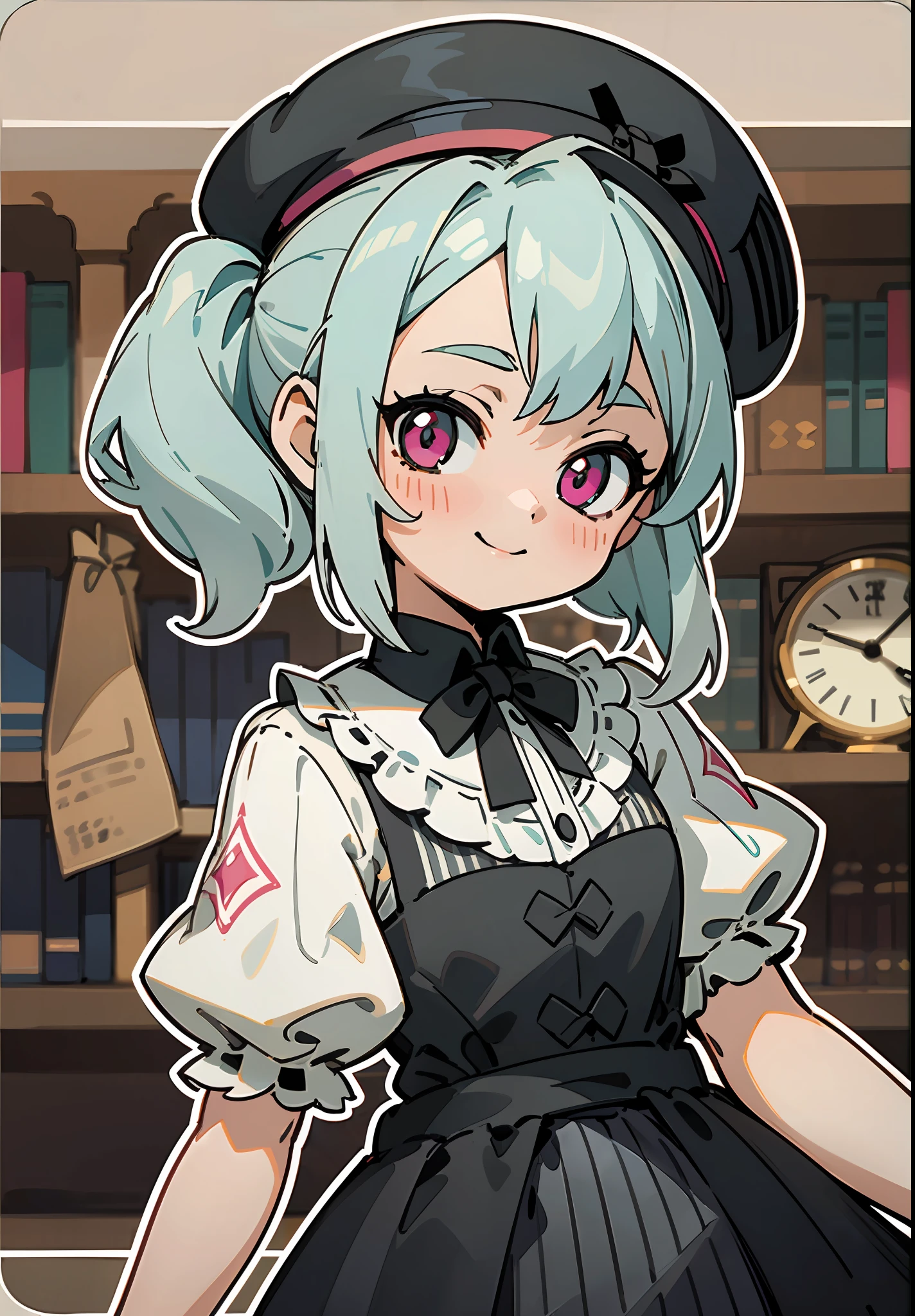 ((Dynamic Angle)), ((loli)), (child), ((独奏)), (canny smile), (turquoise hair), (ponytails), (pink eyes), ((French beret)), (((smoth))), (Gothic dress), (Lolita Dress), (vintage dress), (Black Dress), (frilld), (beige frill;;;), (Bows), ((Dark red details)), (((Vertical stripes))), ((Clock face in the background)), (library), ((thick outlines)), ((white outlines))