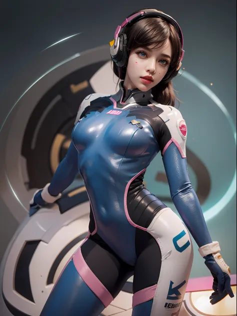 1girl, d.va (overwatch), solo, long hair, whisker markings, bodysuit, brown hair, facial mark, gloves, breasts, brown eyes, pilo...