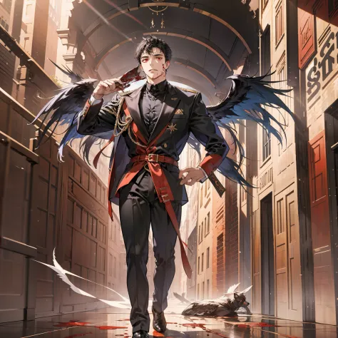 Tall, commanding CEO-like figure with short black hair, blood-red eyes, and clean-shaven face. Accented with pure black wings, e...
