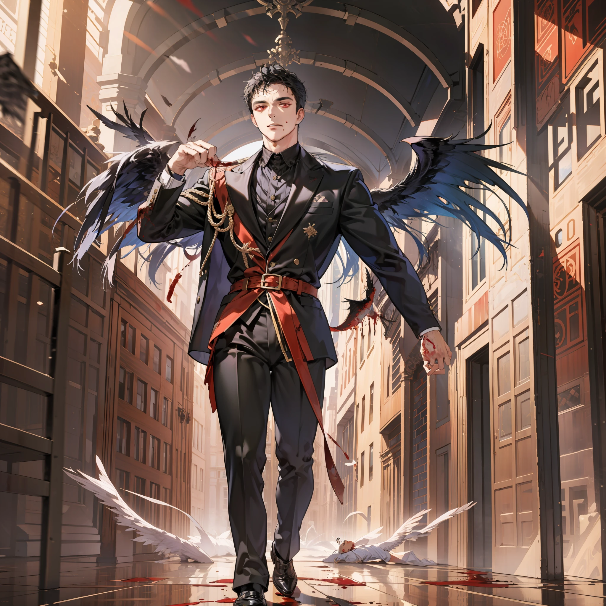 Tall, commanding CEO-like figure with short black hair, blood-red eyes, and clean-shaven face. Accented with pure black wings, exuding authority and sophistication in his sophisticated attire.