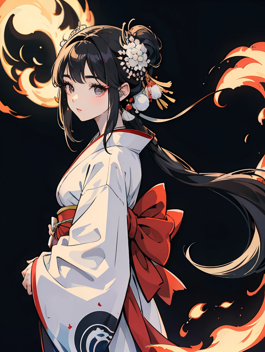 Японская девушка в красивом белом кимоно, детальные длинные черные волосы, четко очерченные и анатомически правильные глаза.