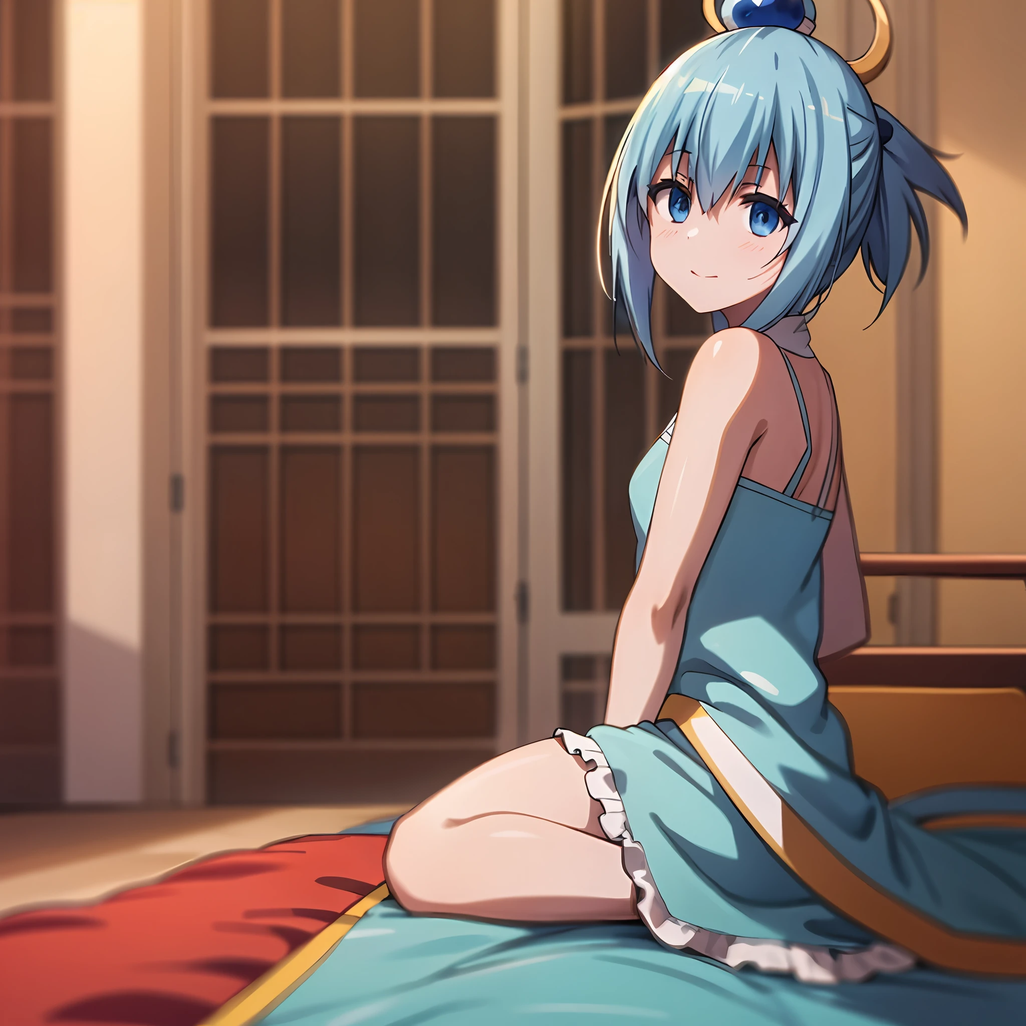 best quality, (master part:1.2), altamente detalhado, cama,
1girl, sozinho, Aqua do anime Konosuba, boca fechada,  Looking at the Viewer,
blue hairs, cabelos longos, cabelos muito longos, broca de cabelo, olhos azuis, pijama, almofada, cobertor, bareshoulders