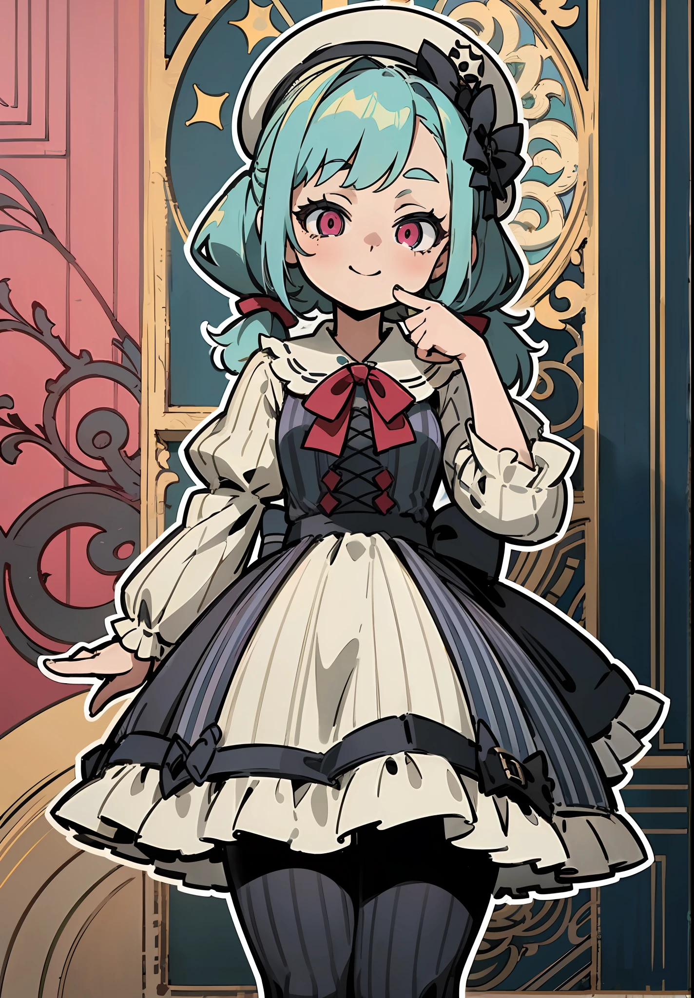 ((Dynamic Angle)), ((loli)), (child), ((solo)), (canny smile), (turquoise hair), (ponytails), (pink eyes), ((French beret)), (((smoth))), (Gothic dress), (Lolita dress), (vintage dress), (Black Dress), (frilld), (beige frill;;;;;), (Bows), ((Dark red details)), (((Vertical stripes))), ((Clock face in the background)), (library), ((thick outlines)), ((white outlines))