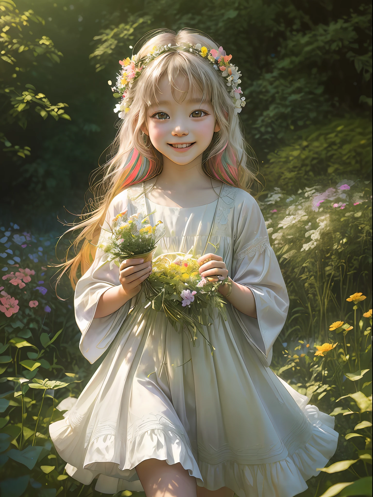 Camera: Professional DSLR Camera, Lens: Macro Lens with Focal Length around 100mm (masterpiece, high resolution, photo-realistic:1.4), (adorable Japanese child:1.2), (white flowing dress:1.2), (playfully running in the garden:1.2), (abundant lush plants and colorful flowers:1.2), (butterflies fluttering around:1.2), (sunlit garden:1.1), (soft natural lighting:1.2), (capturing the child's happiness:1.2), (curious smile:1.2), (innocent expression:1.2), (harmonious garden setting:1.1), (serene atmosphere:1.1), (3:4 aspect ratio:1.1), (vivid colors:1.2), (captivating details:1.1), (immersive depth of field:1.2), (authentic cultural representation:1.2), (respectful cultural context:1.1), (celebrating nature's beauty:1.1), (cherished moments:1.1).