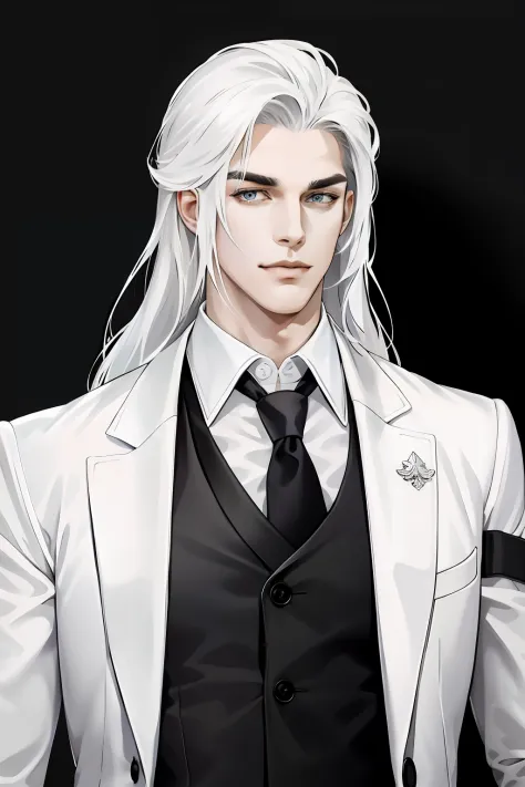 (absurdres, highres, ultra detailed), (1 male, solo, tall guy, broad shoulders, handsome), long white hair, gray eyes, scare on the right eye, (angular jaw, thick neck, thick eyebrows, smirking), BREAK, royal background, dark white suit, Uniform, extremely...