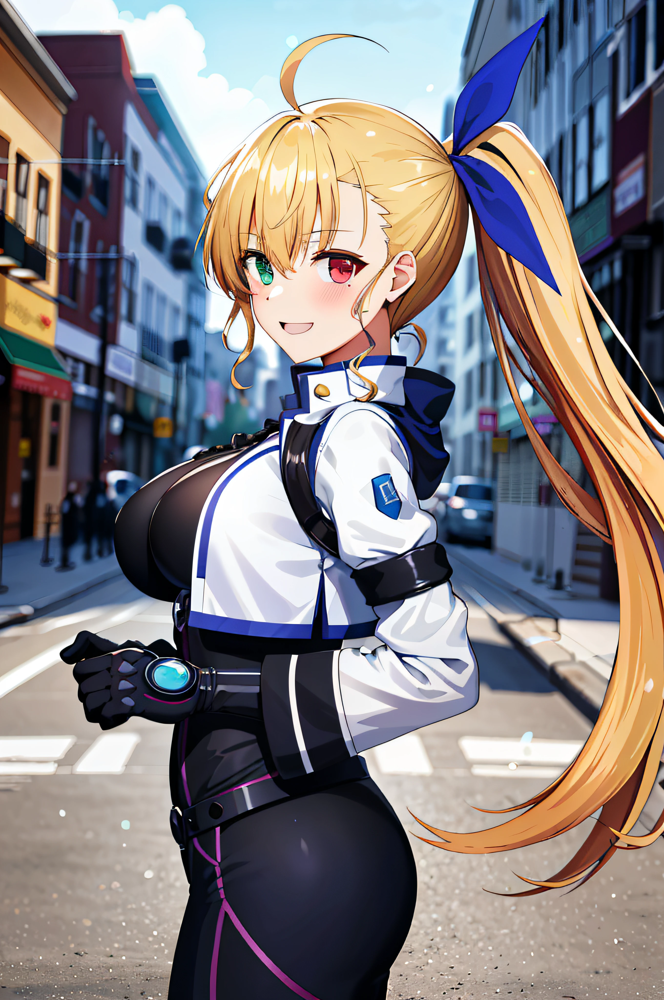 Obra maestra, La mejor calidad, Altas Resoluciones, 1girl, vivio1, heterochromia, cinta, Guantes, senos grandes, Ahoge, negro_bodysuit, chaqueta blanca, Disparo de vaquero, desde un lado, calle, edificio, They are smiling, tag,