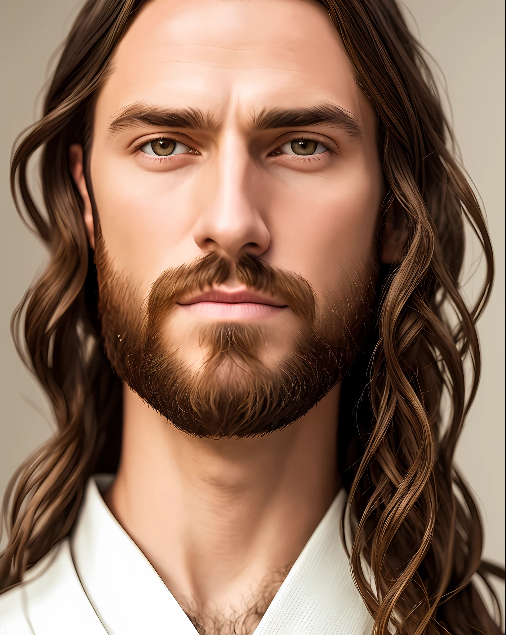 (Symmetrie),Zentriert,A ((Schließen)) up portrAit,(Jesus),A very thin white mAn with long hAir And A beArd,weAring A long white robe,35mm,nAturAl skin,clothes  detAil, 8k Textur, 8k, insAne detAils, intricAte detAils, hyperdetAiledhighly detAiled,reAlistic,soft cinemAtic light,HDR,shArp focus, ((((cinemAtic look)))),intricAte, elegAnt, highly detAiled