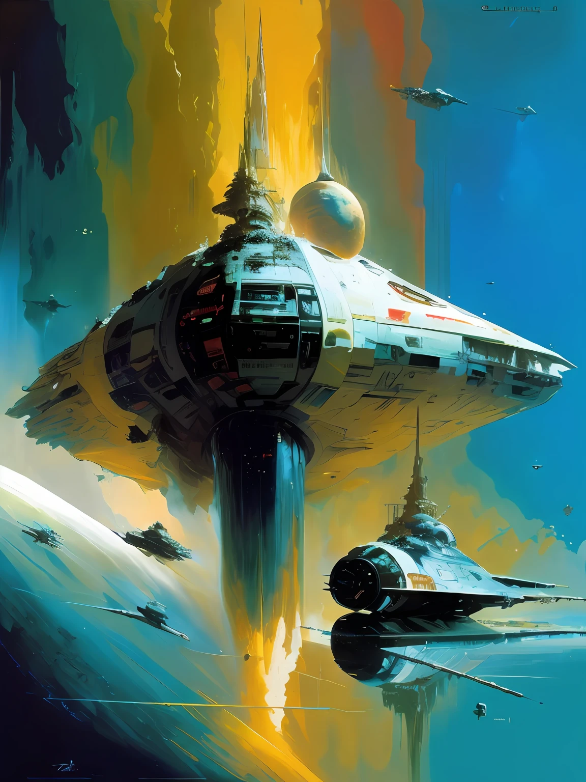 por John Berkey John Berkey pintura a óleo pôster do filme Star Wars，Uma enorme nave de carga espacial flutua no espaço，As estrelas brilham