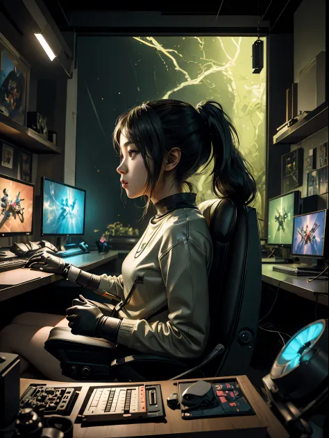 (Photorealistic, Masterpiece:1.3), A young Asian girl, deeply engrossed in her gaming session, sitting at her gaming setup in a ...