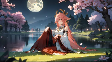 official, Yae Miko, sit on grass, under the big tree, looking at the moon, full body, landscape, forest of cherry blossom trees, lakeside, at night, full moon, Masterpiece 1.3, 8k resolution, ultra-realistic, very detailed, Intricate Detail, Perfect Detail...
