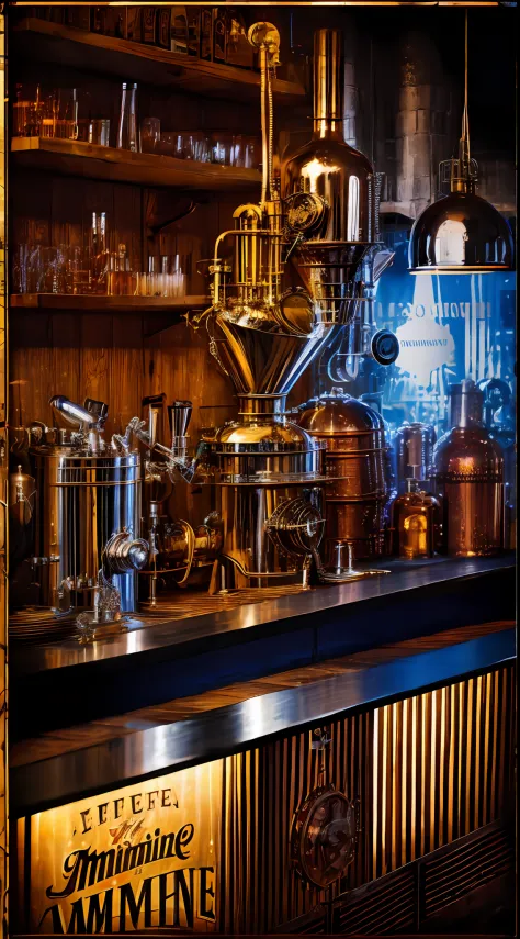 obra maestra, increible artefacto destilador de whiskey,  taberna clandestina, Manufacturer of whiskey machines Steampunk moonsh...