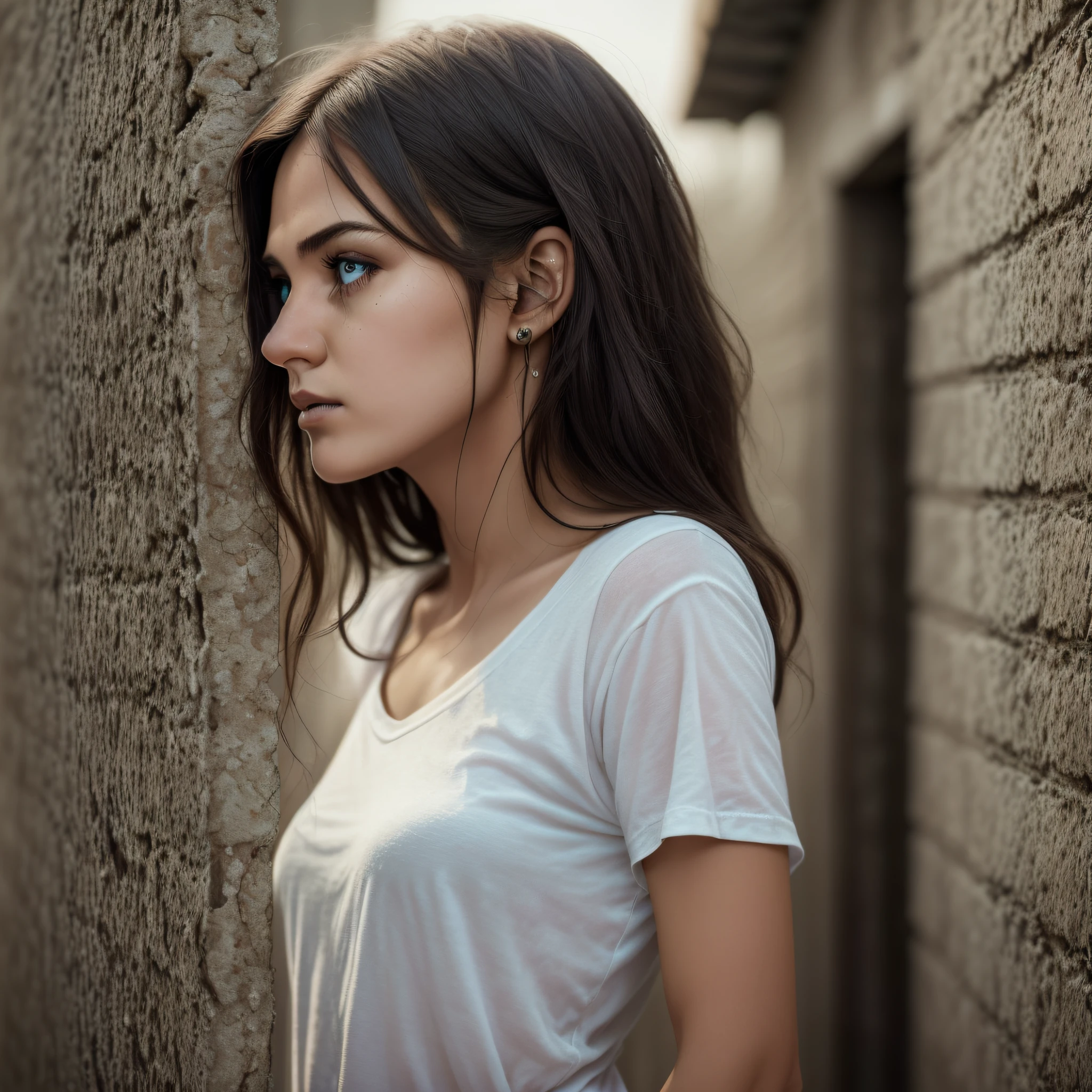 (a woman in profile pose: 1.4), (with a sad look, a look of fear), Highly detailed realistic image, (hight contrast), (saturation: 1)uhd, background with soft colors, cinematic background. sharp focus.