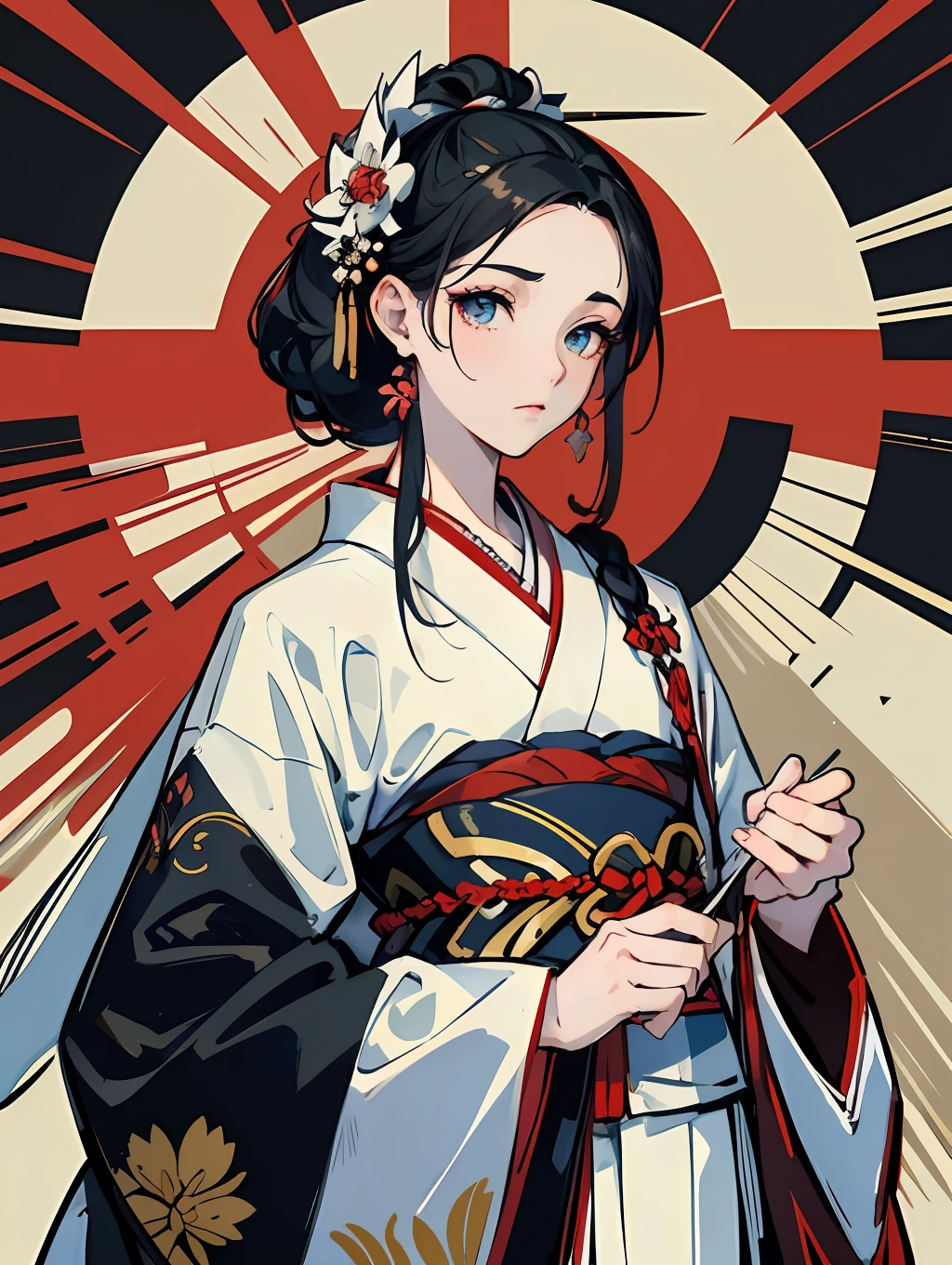 Extrem detailliertes CG-Hintergrundbild mit wunderschöner japanischer Einheit, Meisterwerk, Bessere Qualität, dynamisches Englisch, dynamische Posen, [:(ein japanisches Mädchen in einem wunderschönen weißen Kimono, detailliertes schwarzes Haar, gut definierte und anatomisch korrekte Augen):1.3].