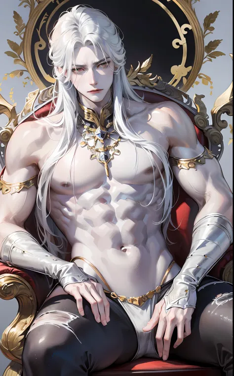 The king，Completely silver-white skin，No clothes，Matte textured skin，Silvery-white skin，white backgrounid，Holding the chin，Man, Masculine, Masculine face,Mature male face，Hand on chin，Attractive, Muscular, The whole body，Hand on chin，looking at viewert（Ao ...