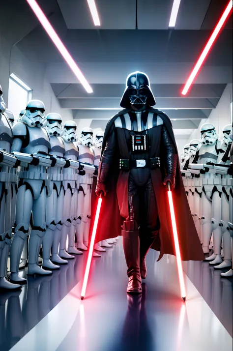 darth vader standing in front of a group of storm troopers in a room,
holding lightsabe in his hands, walking across a bunch of ...