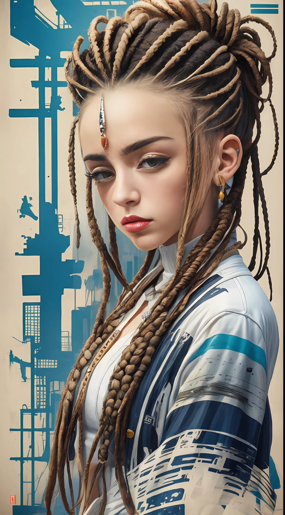 Masterpiece of an incredible albino girl, so white, with biodread hair,  largos dreadlocks, Modern clothing, baggy, totally white with black stripes, Served, Detailed and realistic image, Amazing composition with vintage scenery with abstract shapes, Abstract minimalist background with elven rune symbols, melt, Drip, Yoshitomo Nara:1.5, Wes Anderson:1.3, New casualism, retro, minimalism,BioPunkAI, epic quality, epic resolution, with DreamShaper art style.