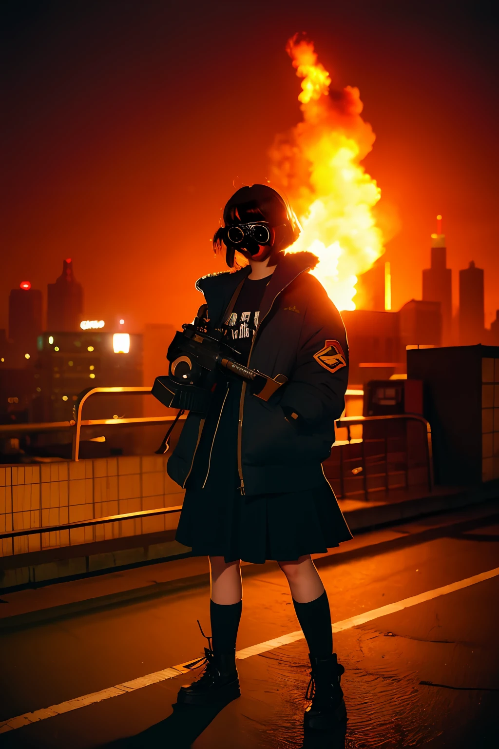 middle school girl、14years、Large gas mask、fur-coat、dictator、Big dragon tattoo、Tattoos all over the body、Glowing headgear、On the rooftop、Huge background is a neon sign、Leather gloves、long boots、Holding a Japan sword、Baseball armor、insurrection、Nuclear power plant in the background、Terrorist groups、Fluorescence Headgear、short-haired、bleu hair、Ignite fire from a flamethrower、middle school girl、14years、gas masks、high socks、Rooftop at night、City on fire in the background