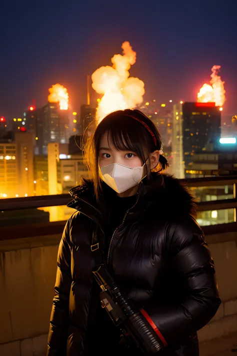 Large gas mask、fur-coat、dictator、Big dragon tattoo、Tattoos all over the body、Glowing headgear、On the rooftop、Huge background is ...