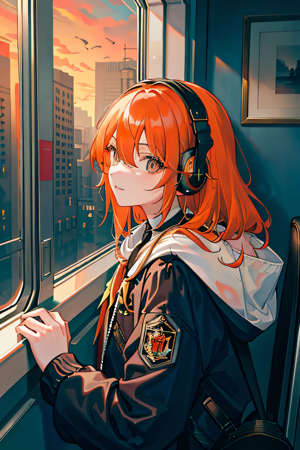 (masterpiece, sidelighting, ultra-detailed, fine detailed beautiful eyes: 1.2), 1boy, bag, building, from side, headphones, hood, hood down, hooded jacket, hoodie, jacket, long hair, orange hair, profile, white hair , solo, trains, train interior, The upper part of the body, Masterpiece, best quality
