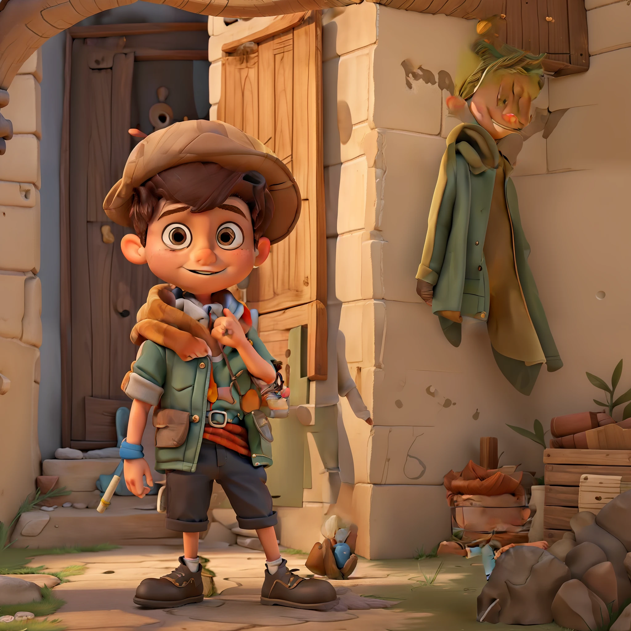 Imagem de um menino com uma roupa de explorador, Standing behind your house, arte digital detalhada bonito, painting digital adorable, Arte infantil, Personagem pequeno. Menino vestindo um terno do escoteiro, Personagem Pixie, Personagem de close up, explorador masculino mini menino bonitofofo, personagem bonito, retrato de personagem de closeup