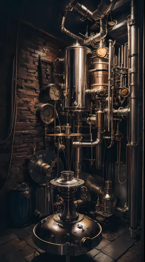 obra maestra, artefacto destilador de whiskey,  taberna clandestina, Steampunk moonshine whisky intrincada maquinaria,  realista...