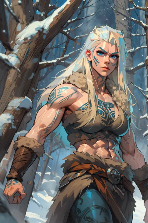 Female viking, (young:1.2), (muscular:1.2), fit, wearing brown furs and hides, (blue norse tattoos:1.2), blue eyes, platinum blo...