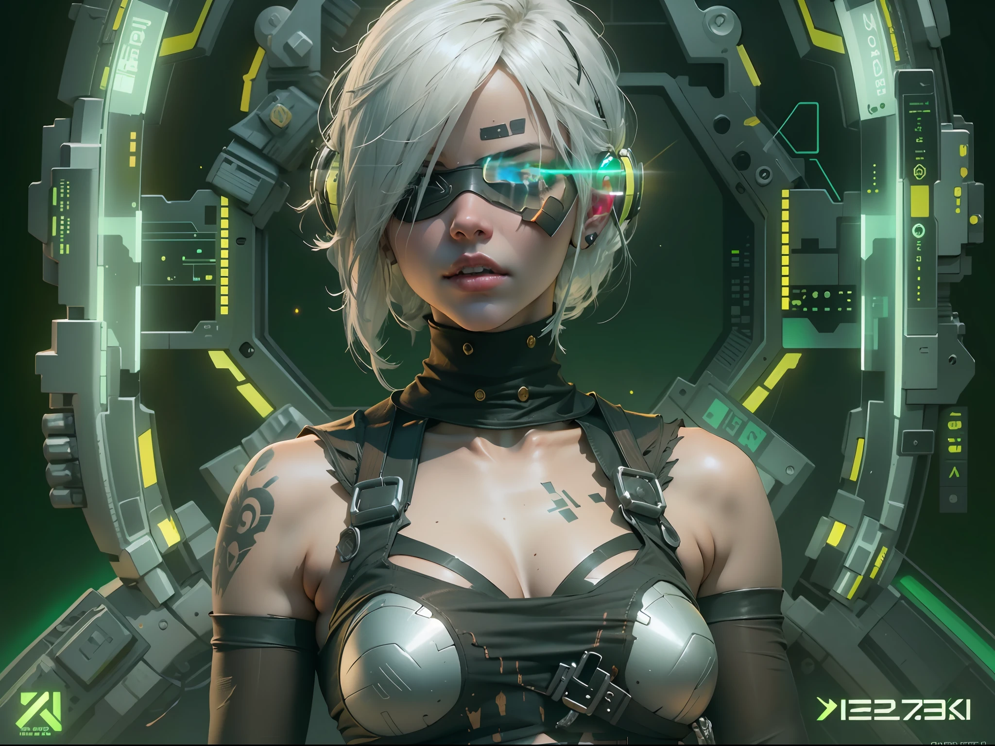 ((Best Quality)), ((Masterpiece)), (Very detailed:1.3), 3D, beautiful (Cyberpunk:1.3) 2b nier automata, (Yorha unit no 2 type B), hacker woman, Thick hair, Revealing clothing, operational computer terminals, computer servers, LCD screens, fibre optic cables, corporate logos, HDR (High Dymanic Range), ray tracing, NVIDIA RTX, super resolution, Unreal 5, Sub-Surface Scatterring, PBR Textures, Post processing, Anisotropic filtering, depth of field, maximum sharpness and sharpness, Multilayer textures,  Albedo and specular mapping, surface shading, Accurate simulation of light-material interactions, perfect proportions, Octane representation, duotone lighting, Low ISO, white balance, rule of thirds, wide opening, 8K RAW, high-efficiency subpixels, sub-pixel convolution, glow particles,