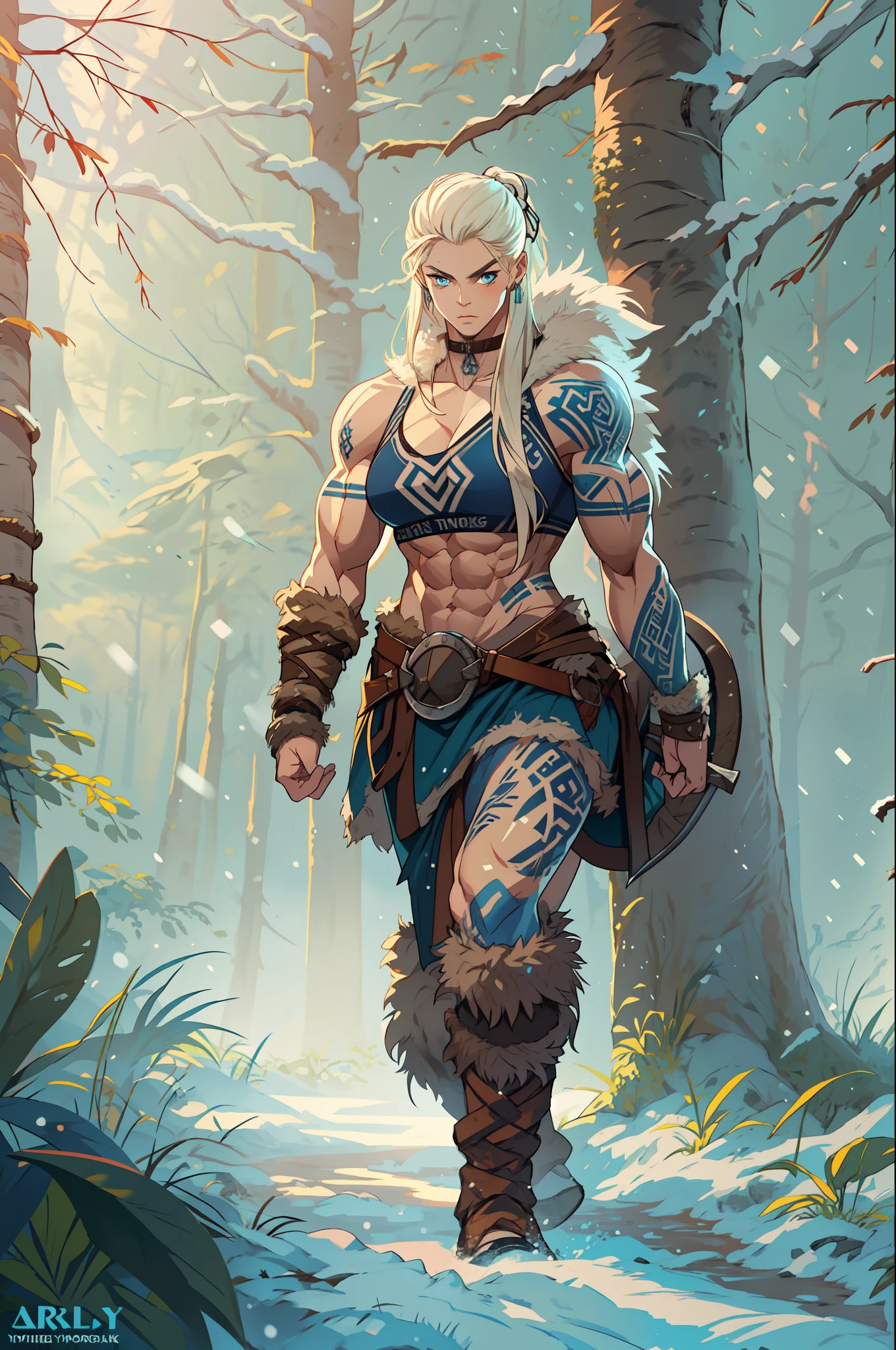 Female viking, (young:1.2), (muscular:1.2), fit, wearing brown furs and hides, (blue norse tattoos:1.2), blue eyes, platinum blonde hair. Setting is a Scandinavian forest in winter, bare arms, exposed naval, (abs:1.2). Highly detailed, norse, berserker, arm muscles, leg muscles, bulky