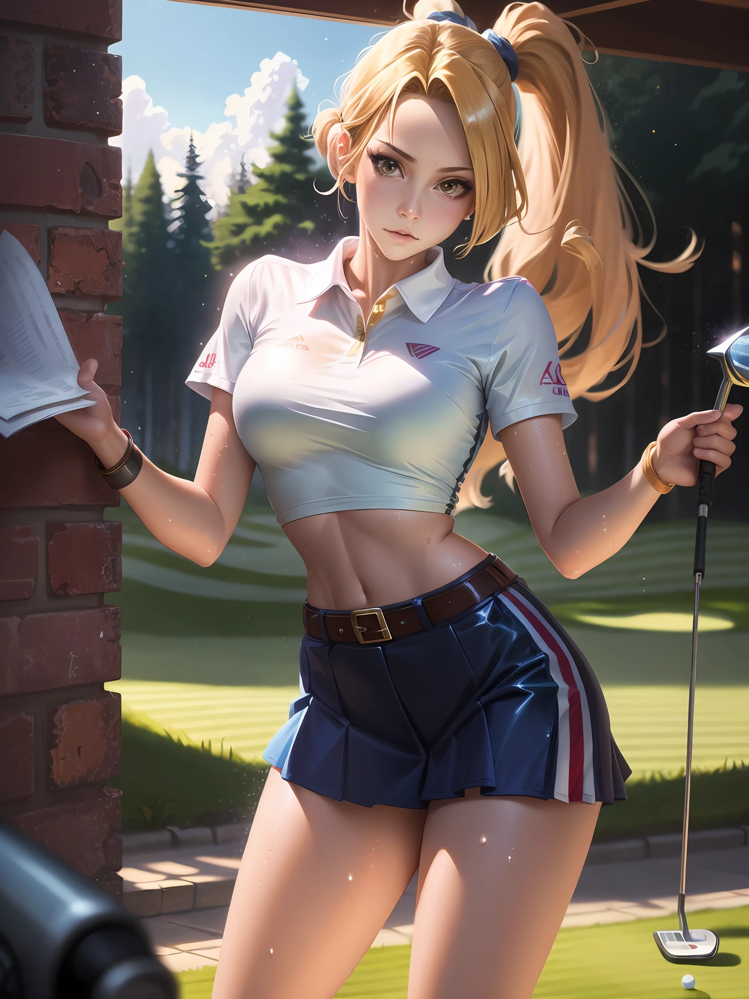 ((masutepiece)),((High resolution)), Dramatic Lighting,  Sharp Focus,  16k UHD,
Ultra-realistic illustrations,1beautiful girl,golf Uniform,Teenage girl,small head ,Large breasts,shiny skins,nice legs,wet skins sweat,In golf couse,