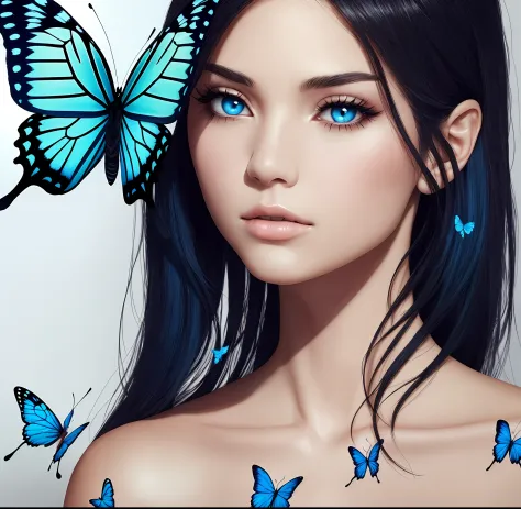 A gorgeous avatar: white skin, medium hair, black with blue tips, eye half pulled, delicate face, butterfly tattoo on arm --auto